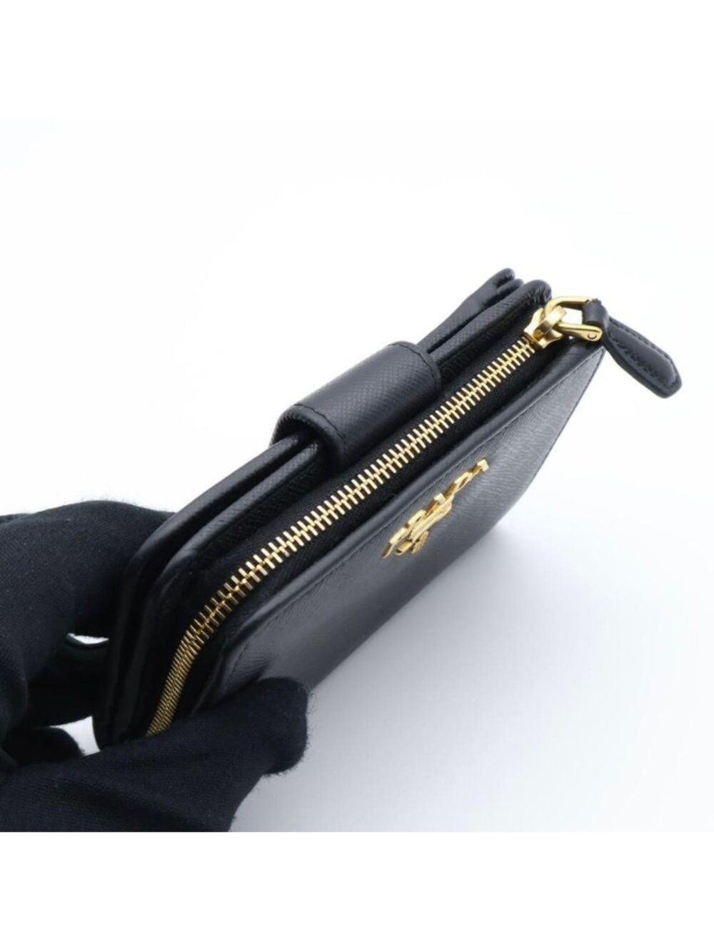 Prada Metal Logo Bifold Wallet Saffiano Leather Black L-shape - Picture 2 of 10